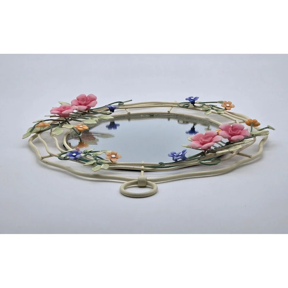 Vintage Floral Meal Wall Mirror Round Pink Blue Flower Vine Cottagecore Decor
